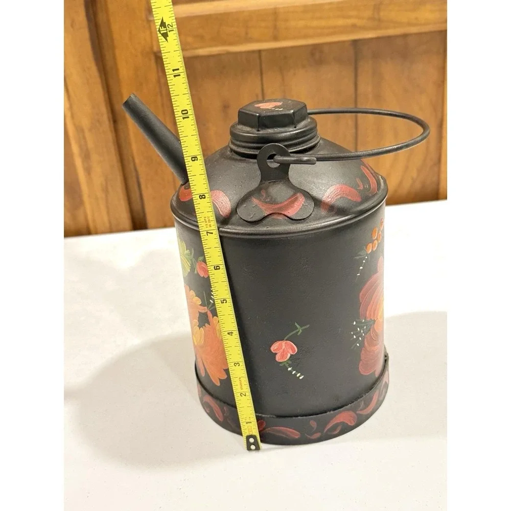 Vintage Dutch Folk Art Hand Painted Metal Can Vibrant Floral Motif On Black